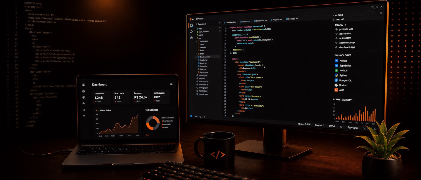 Un laptop e un monitor che mostrano codice software e dashboard aziendali.